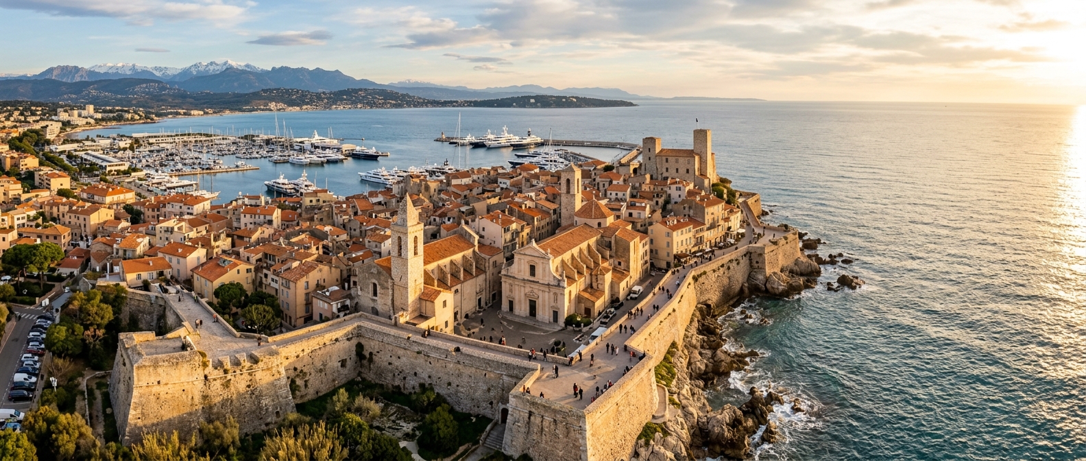 Remparts du Vieil Antibes avec vue sur la mer Méditerranée au coucher du soleil
