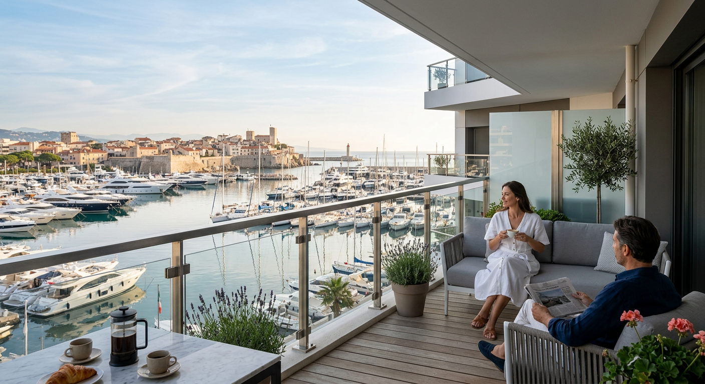 Balcon d'un appartement neuf moderne avec vue sur le Port Vauban à Antibes