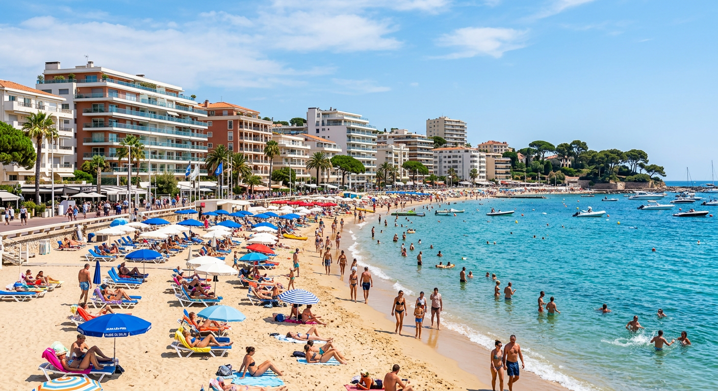 Plage de Juan-les-Pins avec résidences modernes en arrière-plan