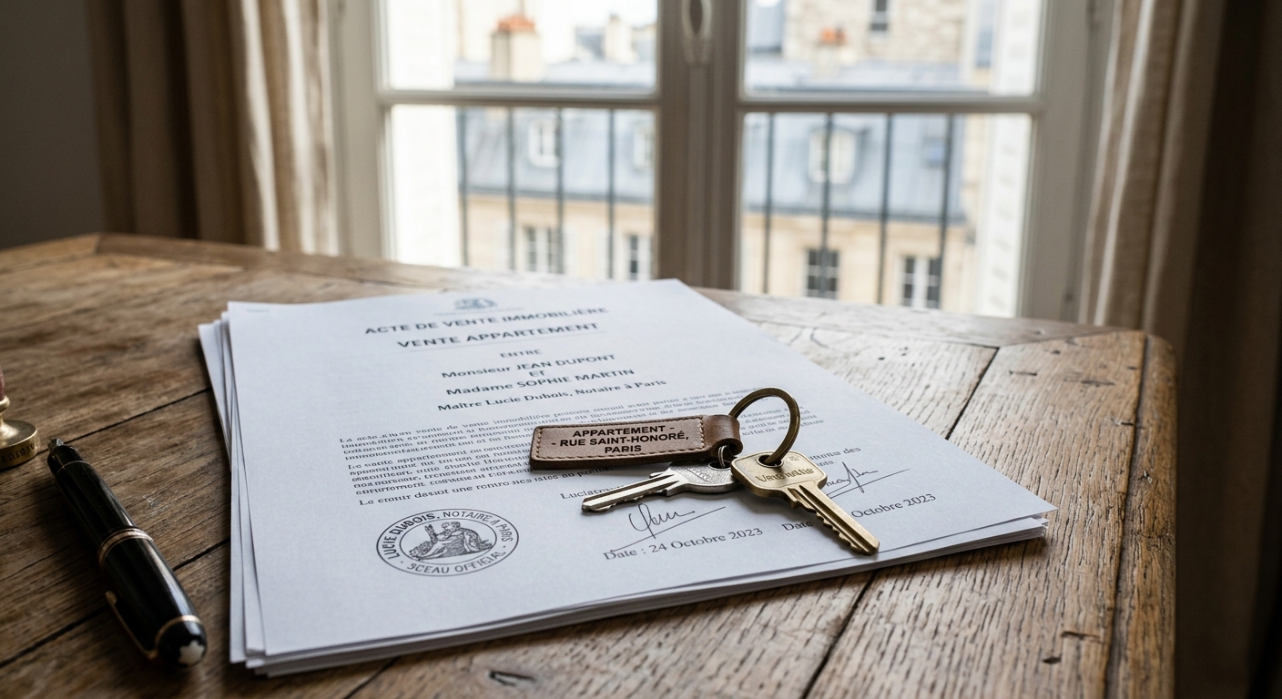 Document juridique et clés d'appartement sur un bureau, symbolisant une transaction immobilière