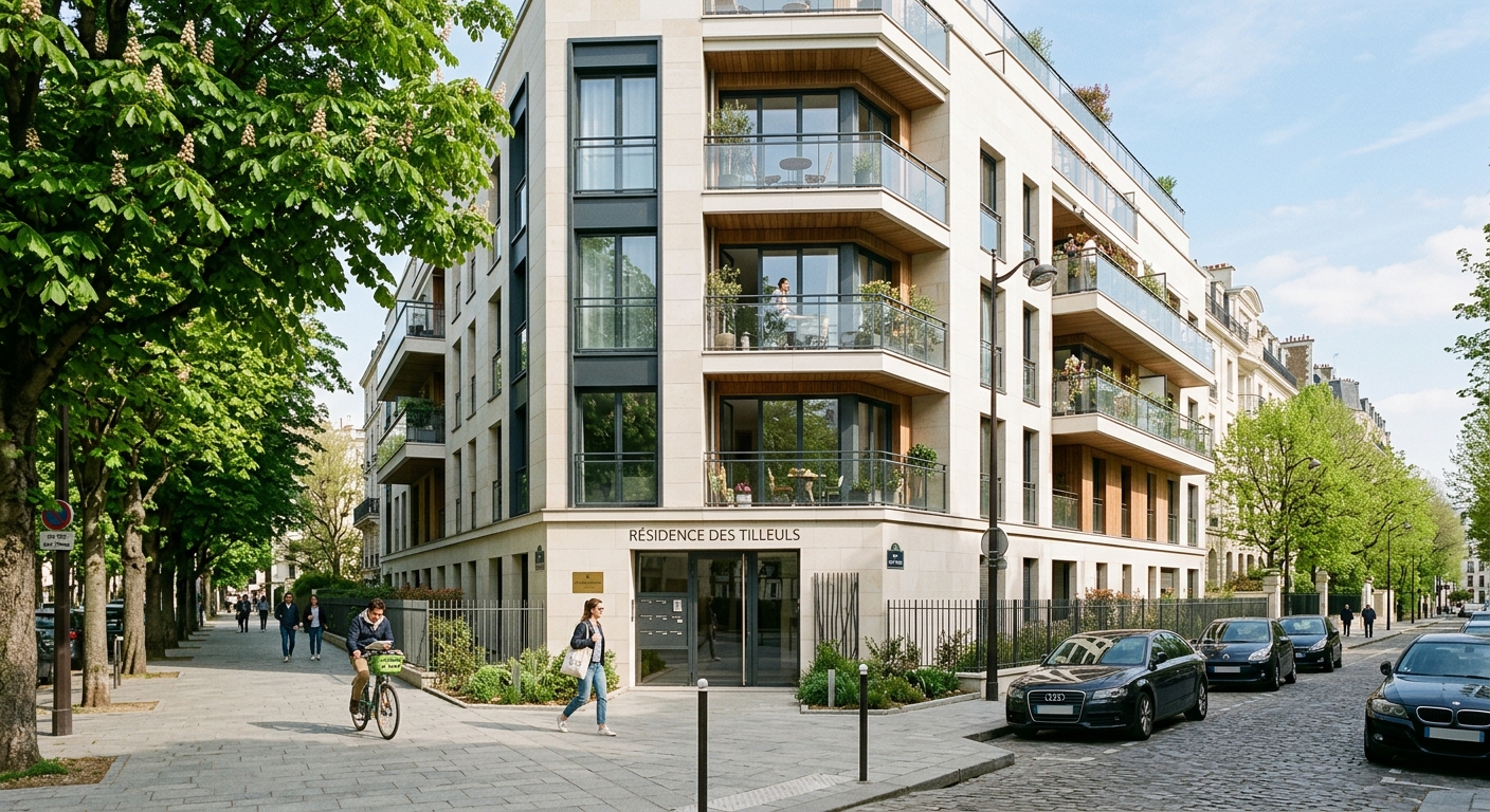 Façade contemporaine d'une résidence neuve dans un quartier résidentiel des Hauts-de-Seine