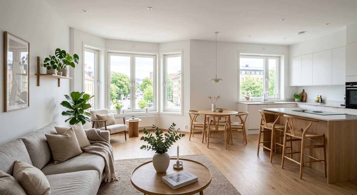 Intérieur lumineux d'un appartement neuf avec cuisine ouverte et grandes baies vitrées