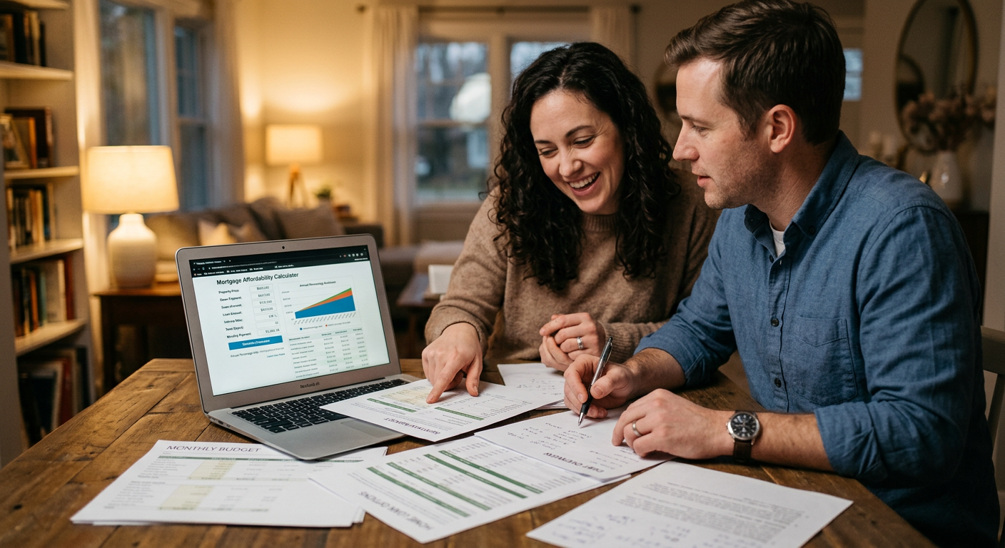 Couple étudiant un dossier de financement immobilier sur ordinateur portable