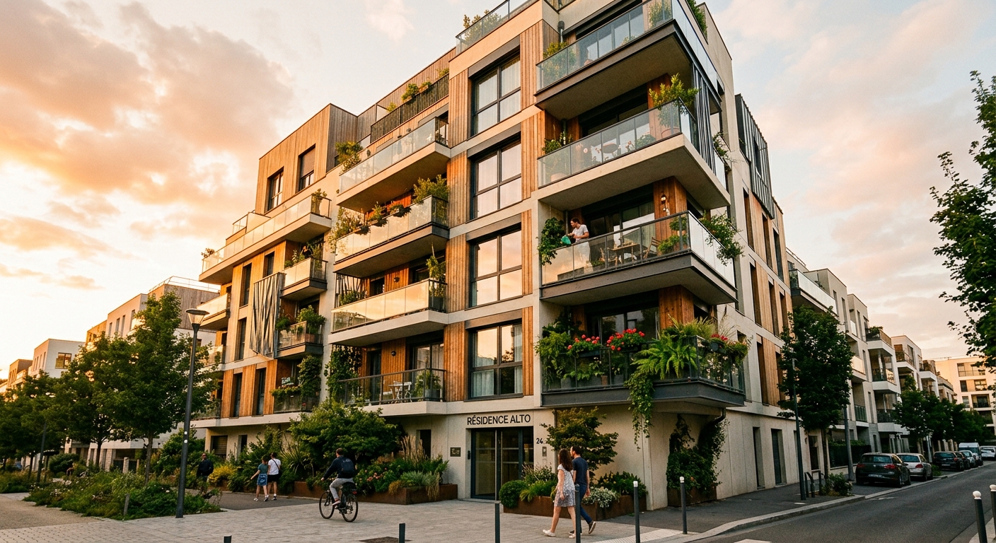 Façade d’une résidence neuve contemporaine à Champigny-sur-Marne avec balcons végétalisés