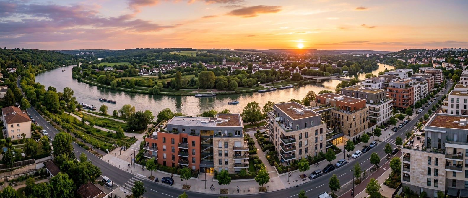 Vue panoramique sur Champigny-sur-Marne au coucher du soleil avec immeubles neufs et la Marne