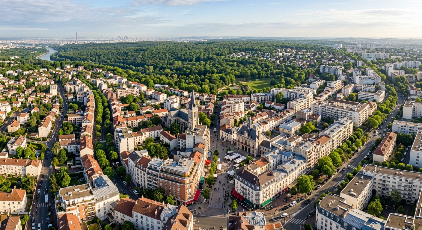 Vue aérienne du centre-ville de Clamart avec espaces verts et résidences modernes