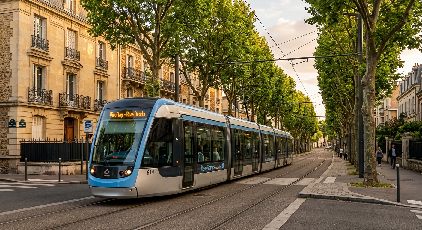 Tramway T6 traversant une avenue bordée d'arbres à Clamart