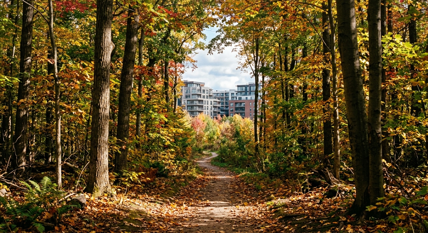Sentier en forêt de Meudon avec immeubles neufs visibles en lisière