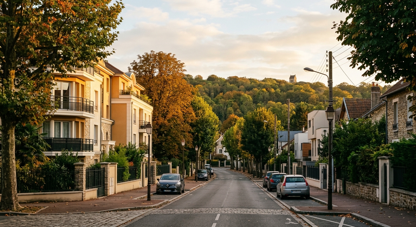 Rue résidentielle calme à Clamart avec immeubles modernes et arbres matures