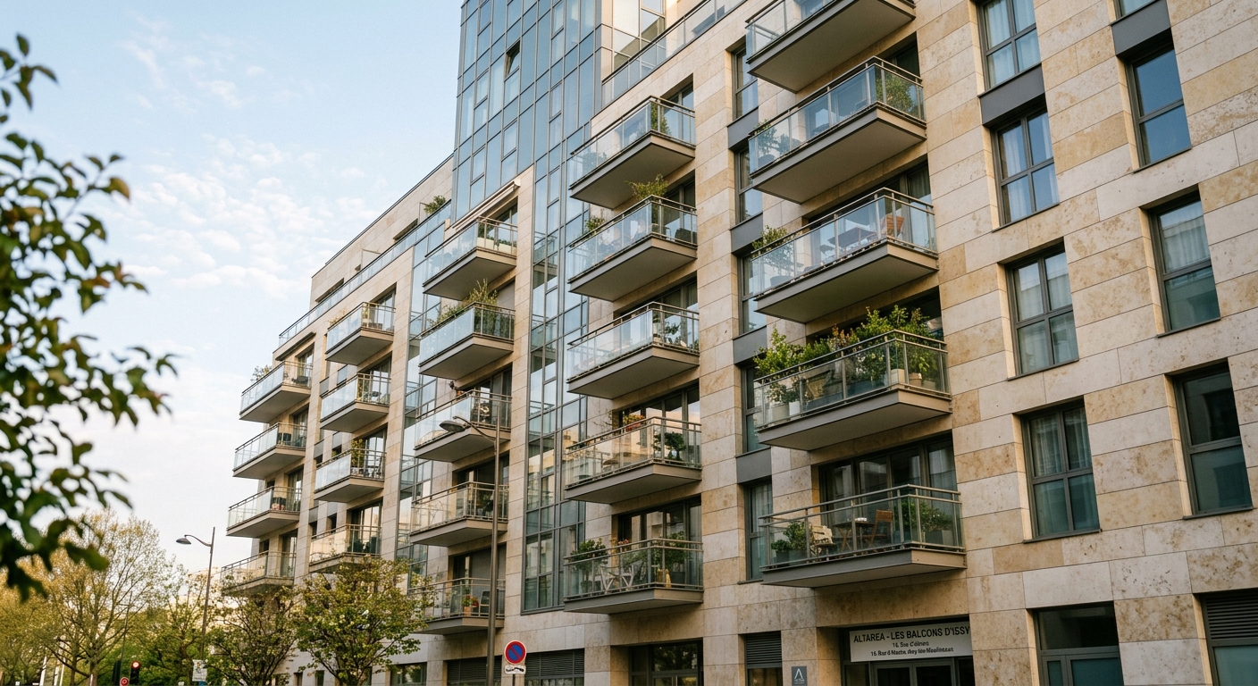 Façade moderne d'un immeuble neuf à Issy-les-Moulineaux avec balcons vitrés