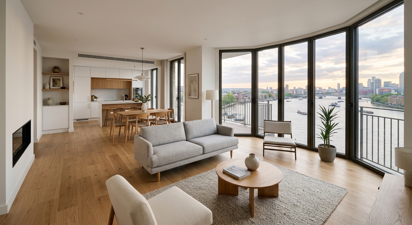 Intérieur lumineux d'un appartement neuf avec vue sur la Seine à Issy-les-Moulineaux