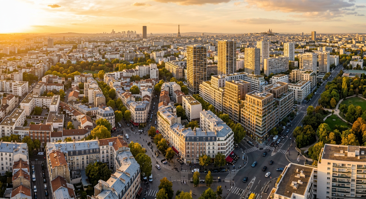 Vue aérienne de Montreuil et ses quartiers en transformation urbaine