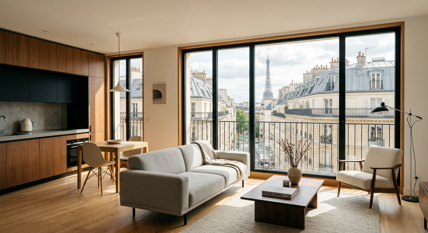 Intérieur d'un appartement neuf lumineux à Montreuil avec vue sur la ville