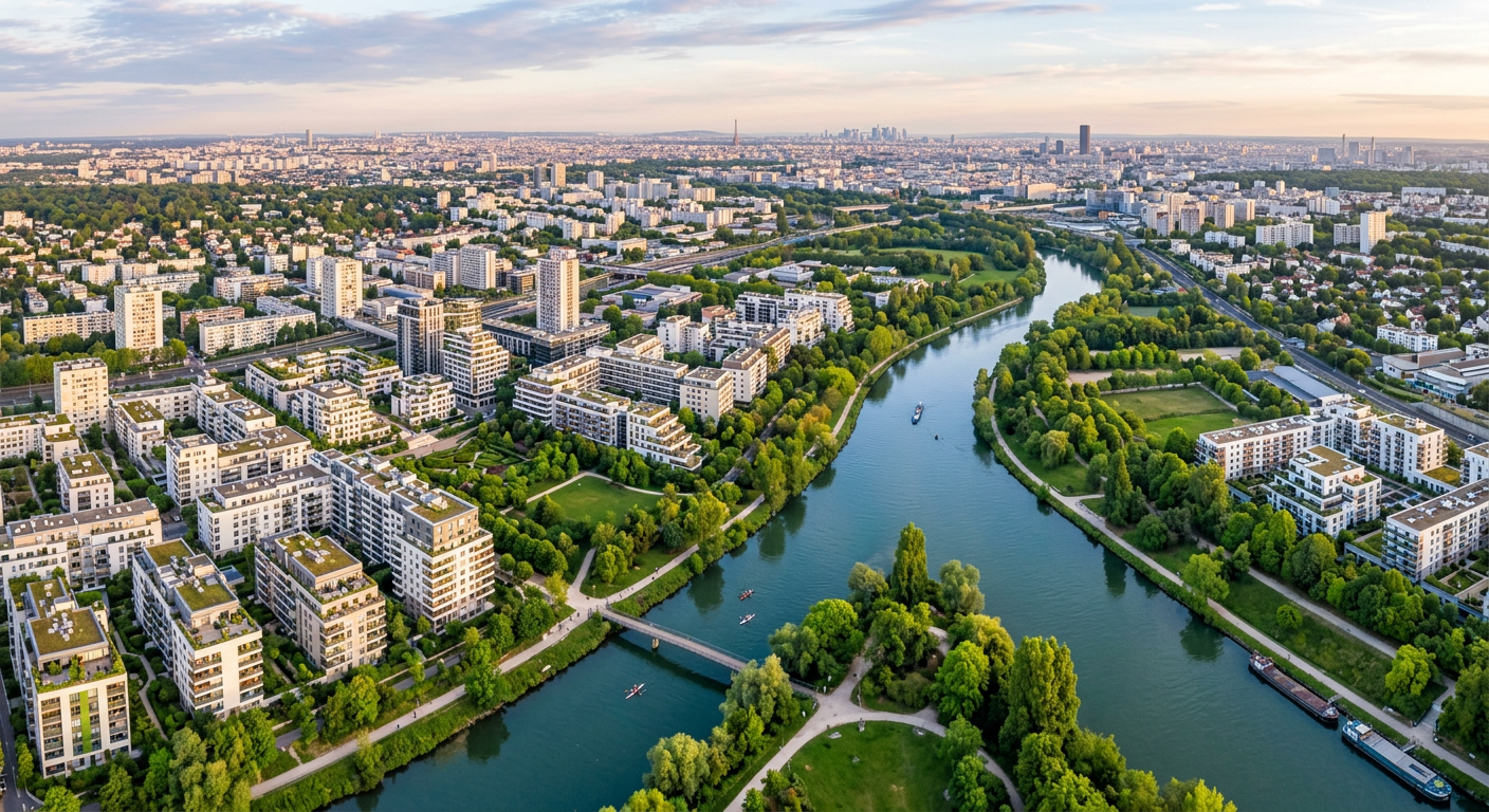 Vue aérienne de Noisy-le-Grand montrant les résidences neuves le long de la Marne