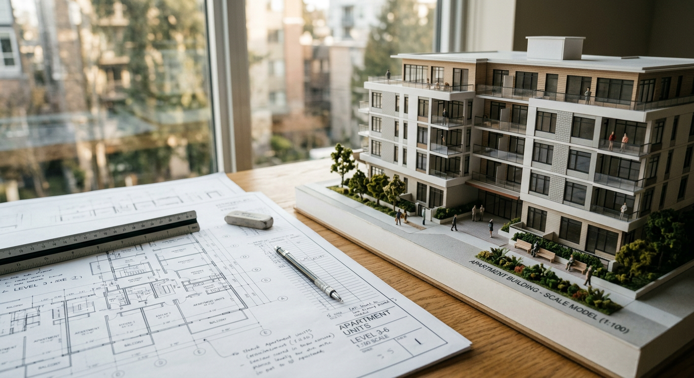 Plans architecturaux et maquette d'un immeuble neuf posés sur un bureau