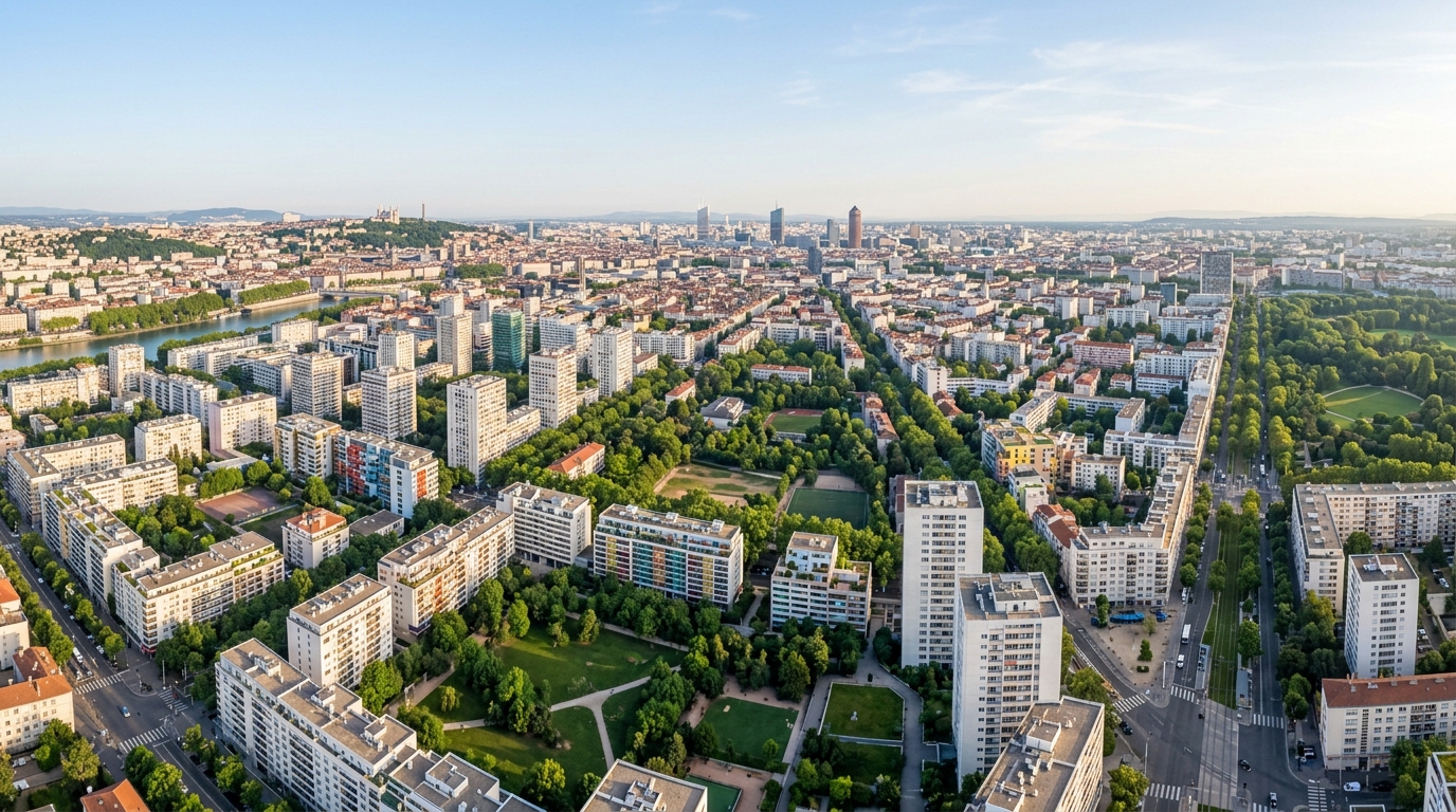 Skyline de Villeurbanne avec immeubles résidentiels modernes et espaces verts
