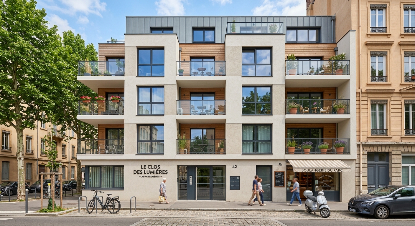 Façade d'un immeuble neuf dans un quartier urbain de Villeurbanne