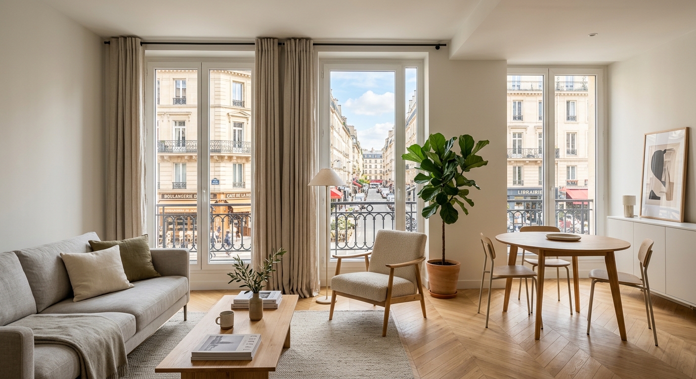 Intérieur lumineux d'un appartement neuf meublé à Villeurbanne
