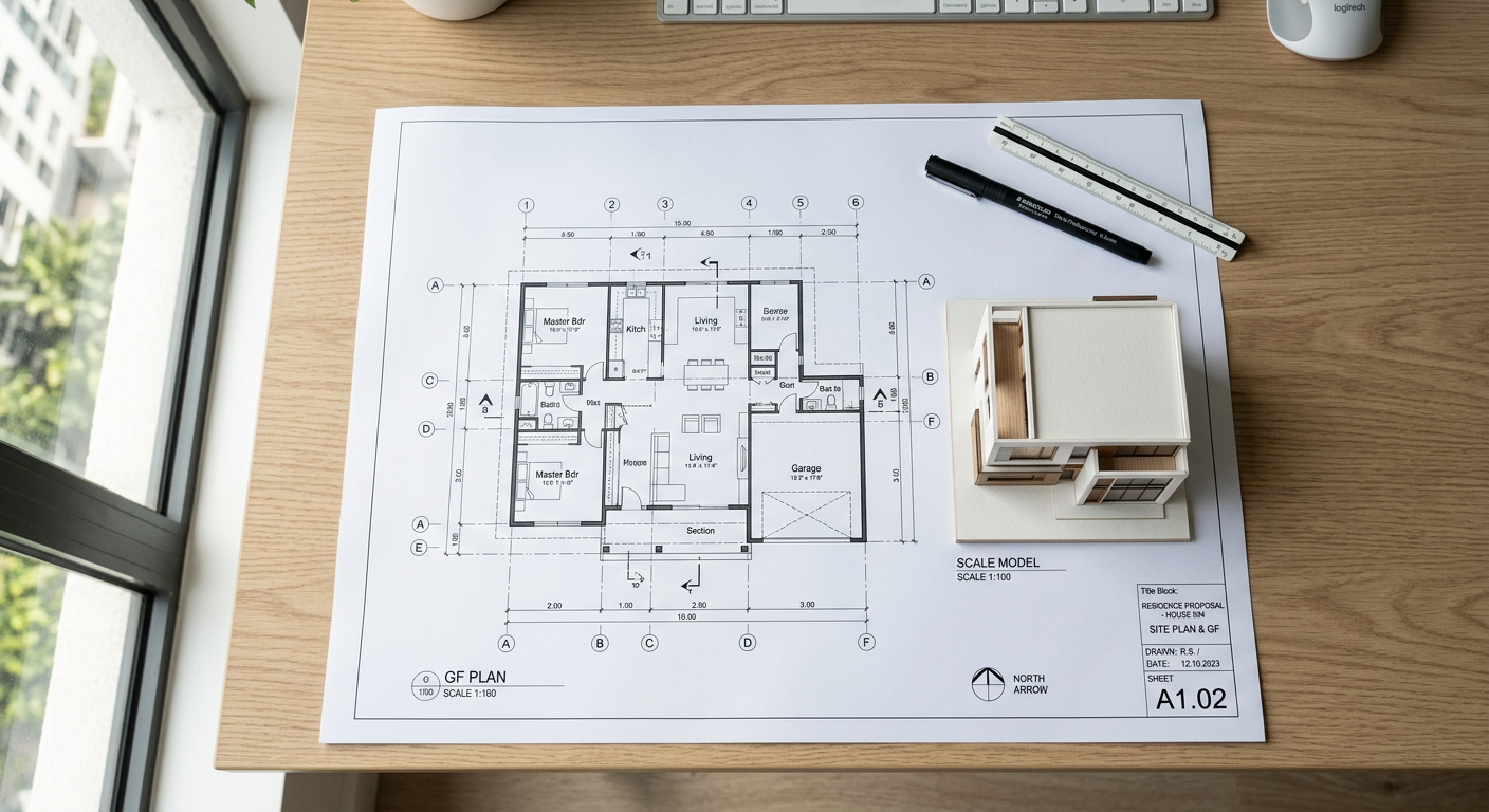 Plan de construction VEFA et maquette d'immeuble neuf sur un bureau