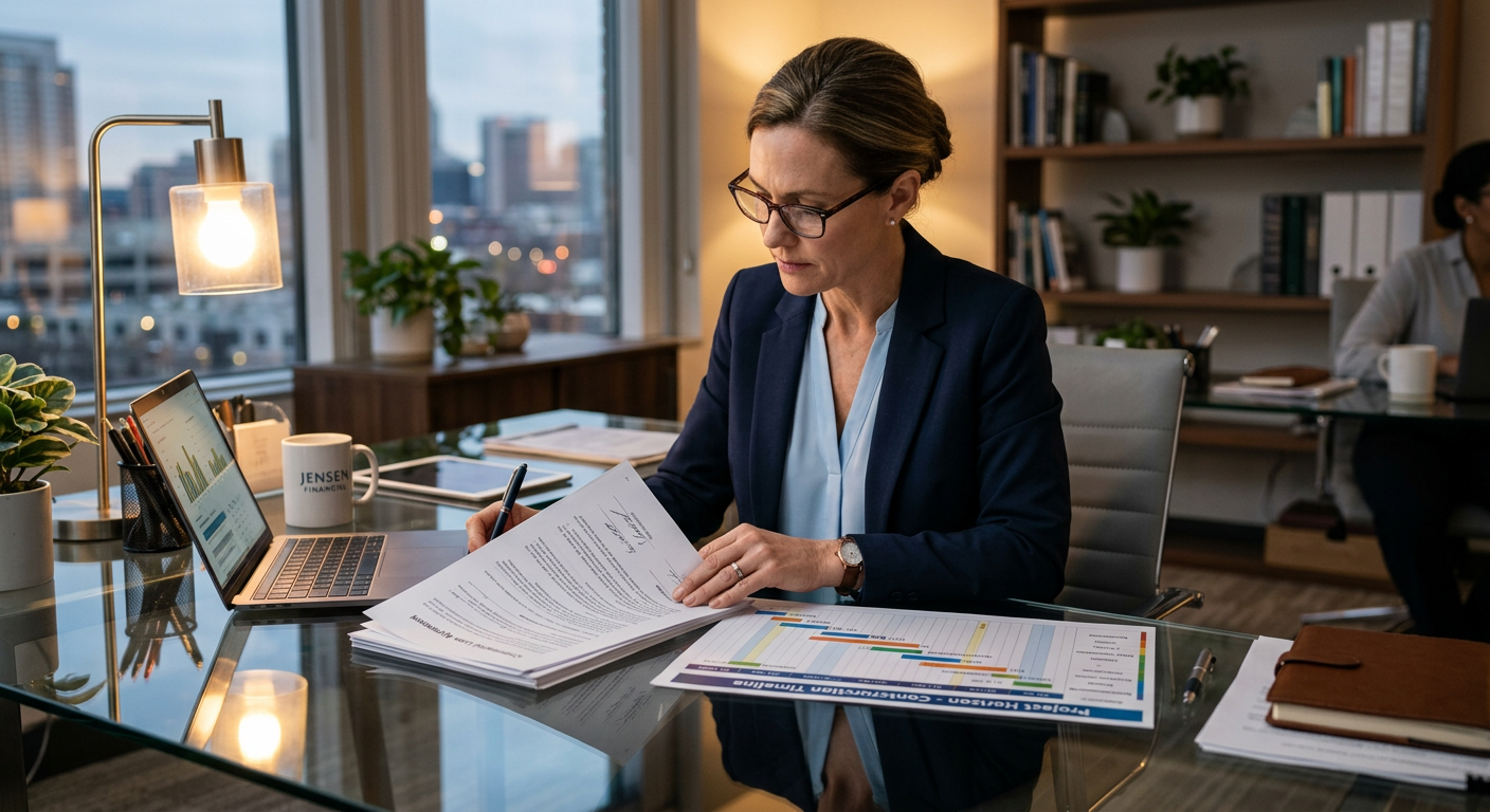 Conseiller financier analysant un tableau d'échelonnement de prêt immobilier neuf