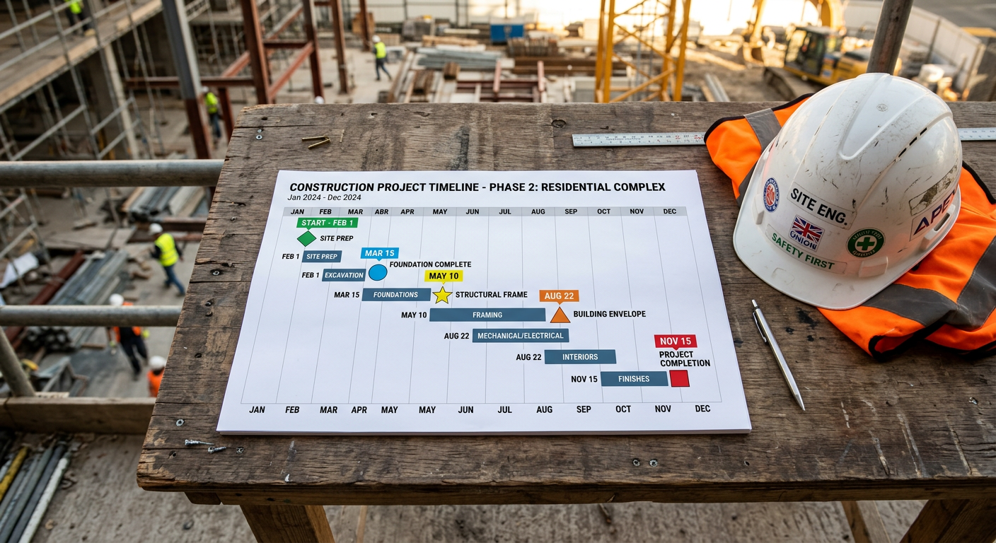 Calendrier prévisionnel de chantier VEFA avec jalons colorés