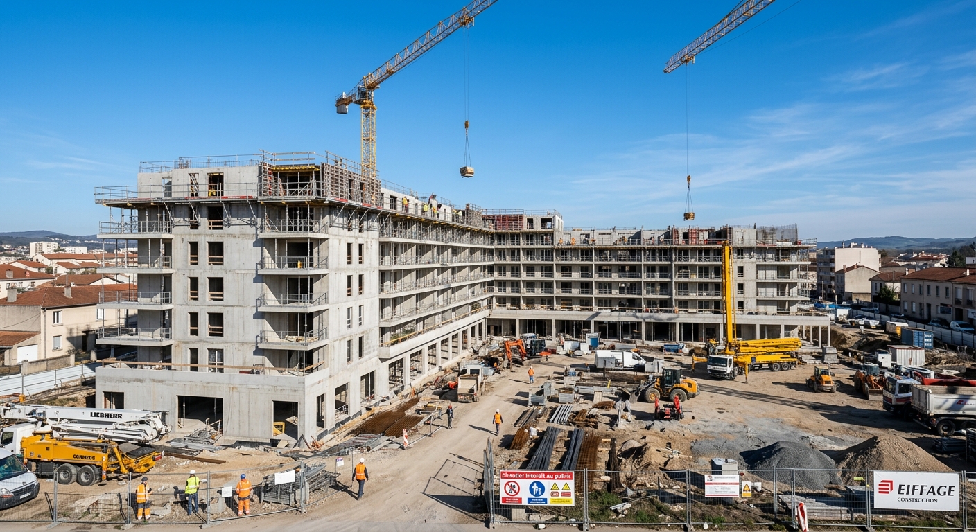Chantier de construction d'un immeuble résidentiel neuf en France avec grues et échafaudages