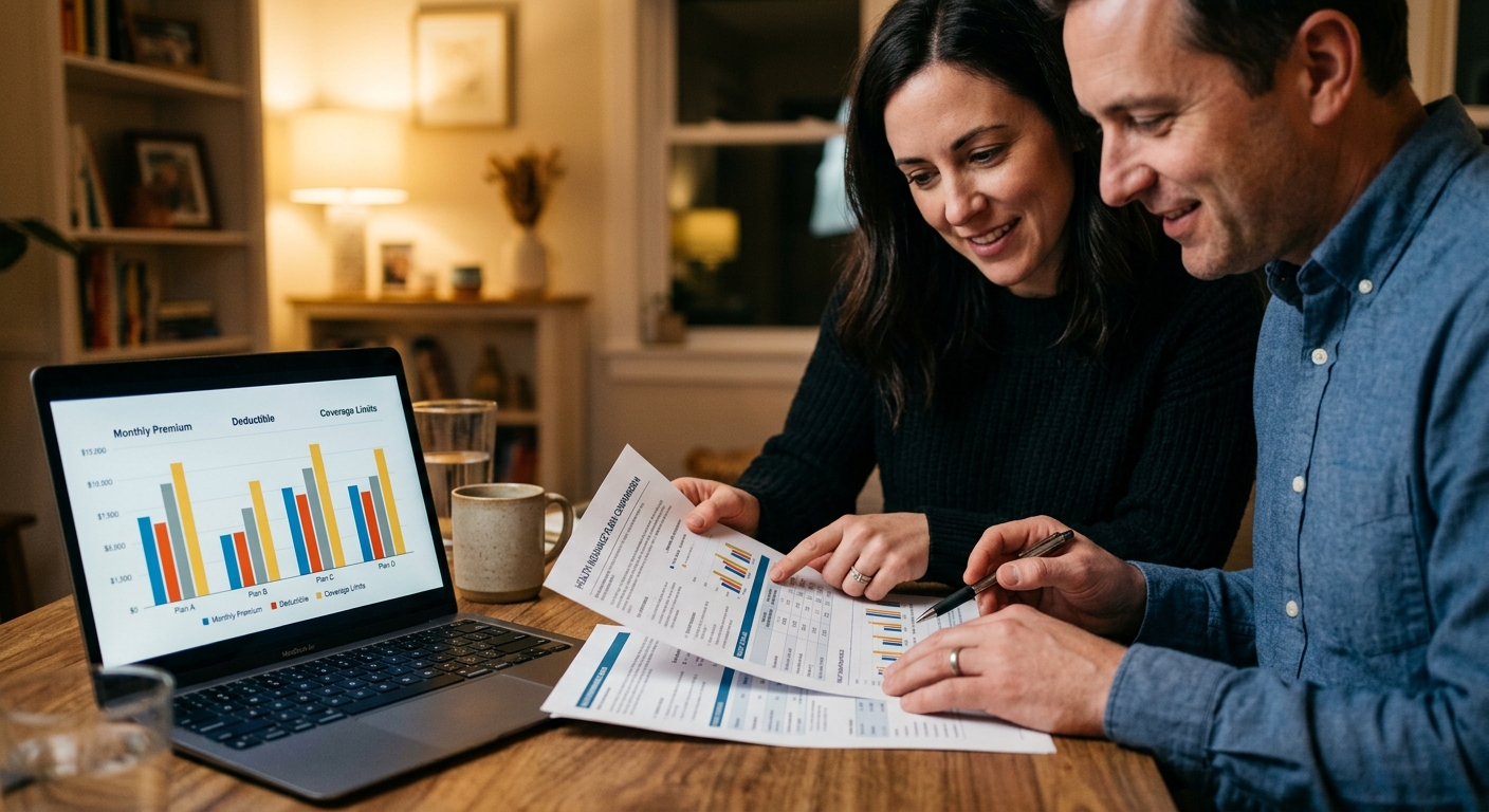 Couple comparant des contrats d'assurance emprunteur sur un ordinateur portable