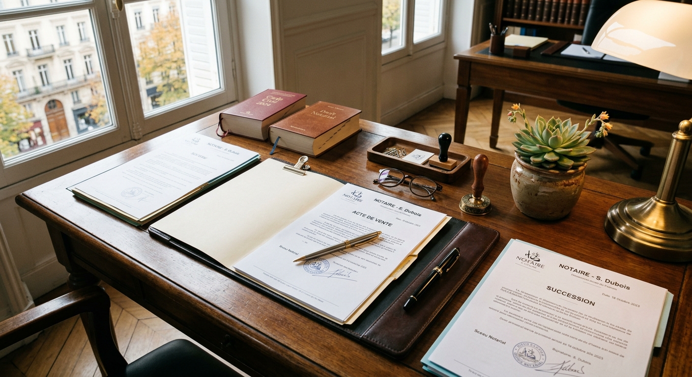 Documents juridiques et stylo sur un bureau de notaire pour la signature d'un contrat immobilier