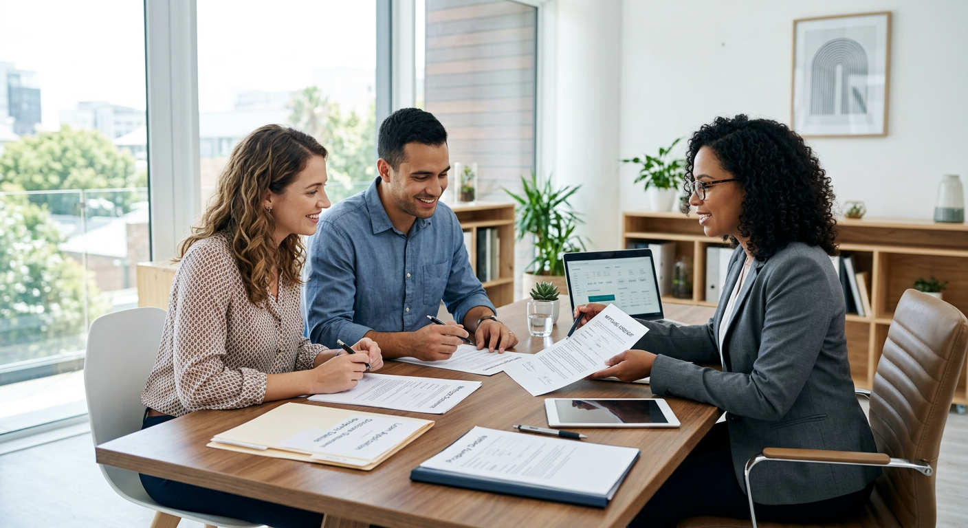 Couple comparant des offres d’assurance emprunteur avec un conseiller financier