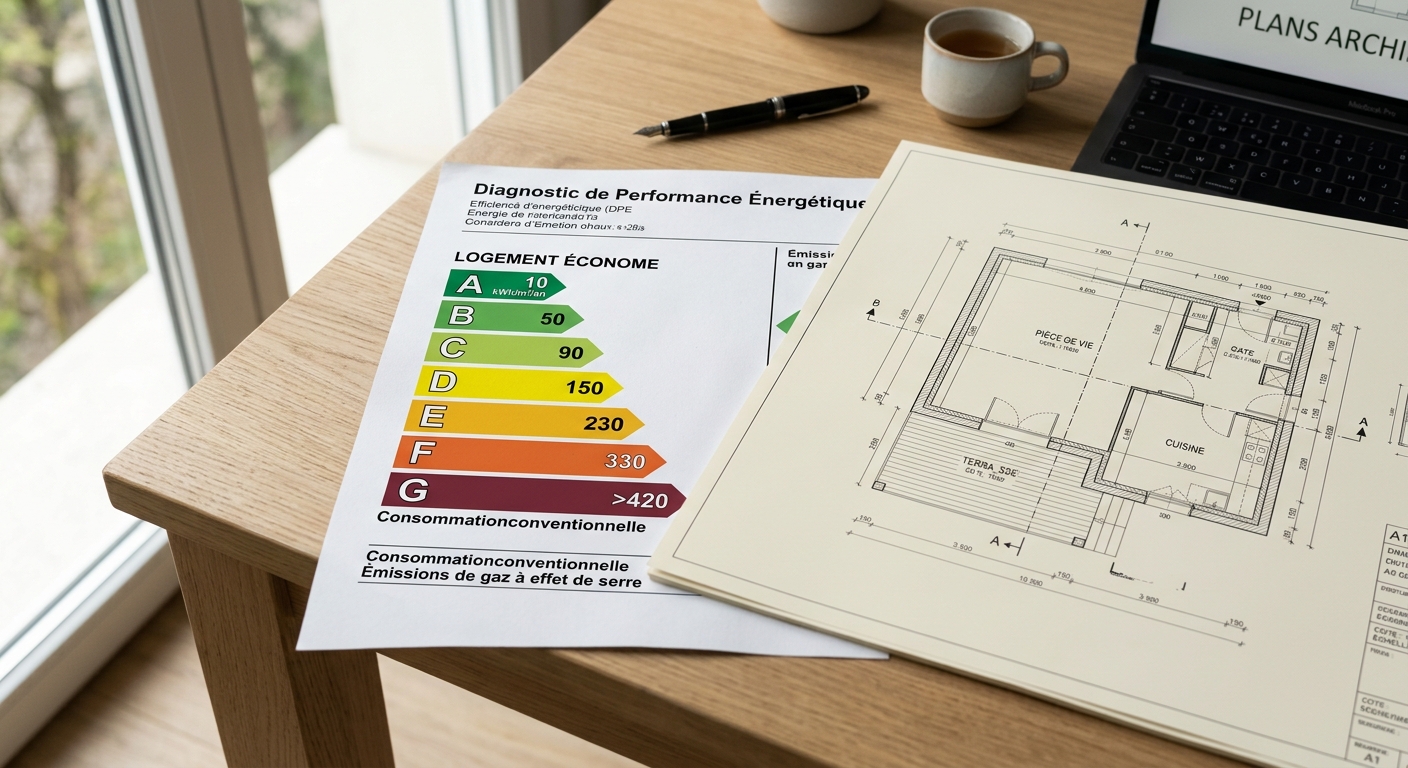 Document DPE posé sur des plans architecturaux d'un programme neuf