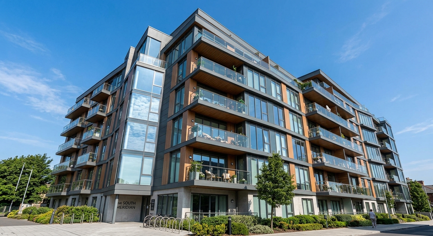 Façade d'immeuble neuf avec grandes baies vitrées orientées sud