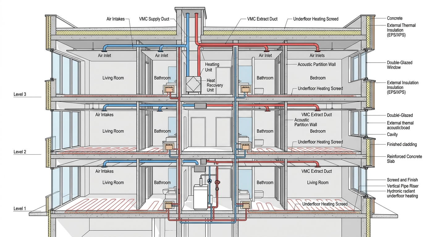 Coupe technique d'un immeuble neuf montrant isolation et ventilation