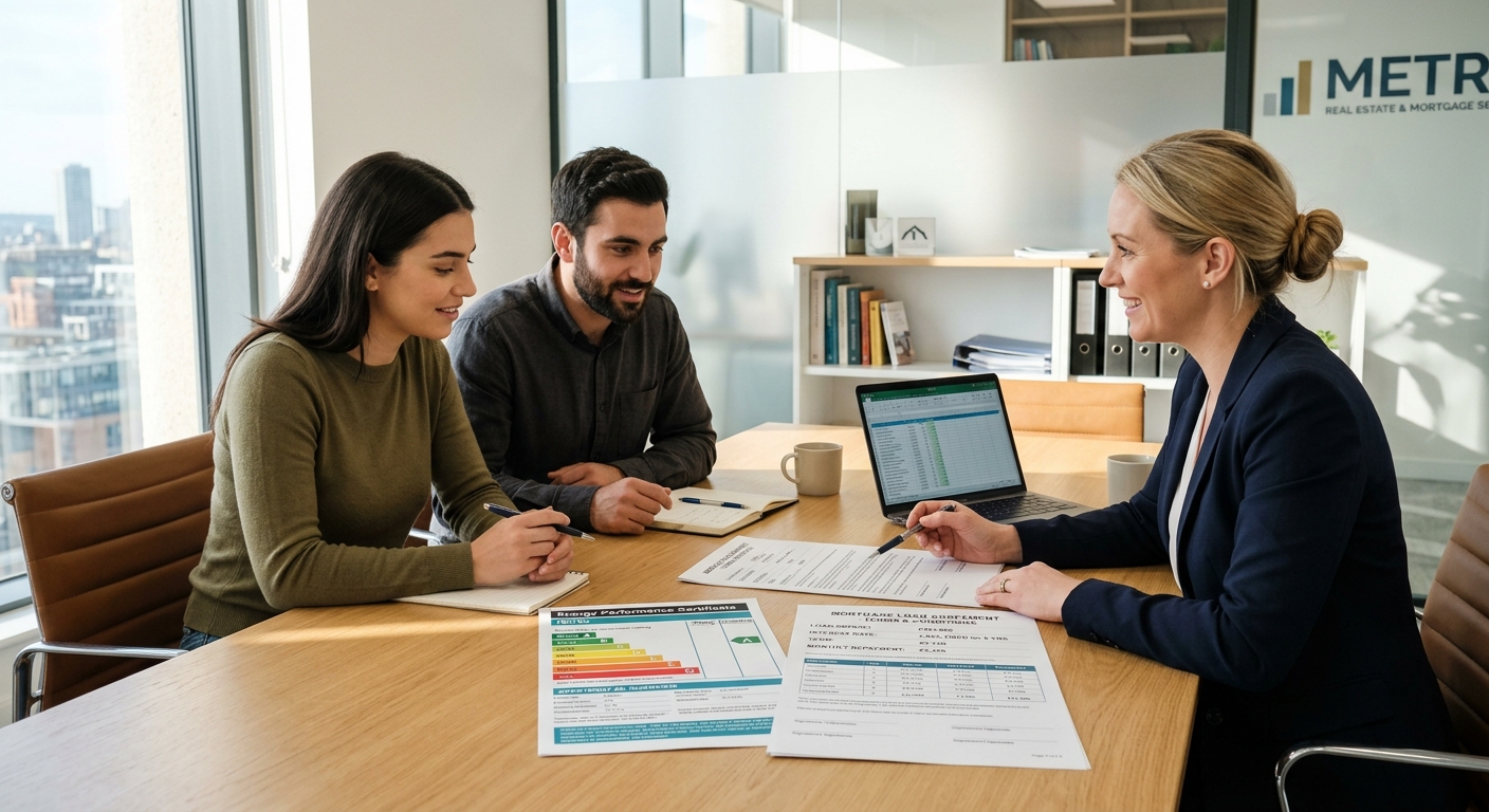 Couple examinant des documents financiers avec un conseiller immobilier