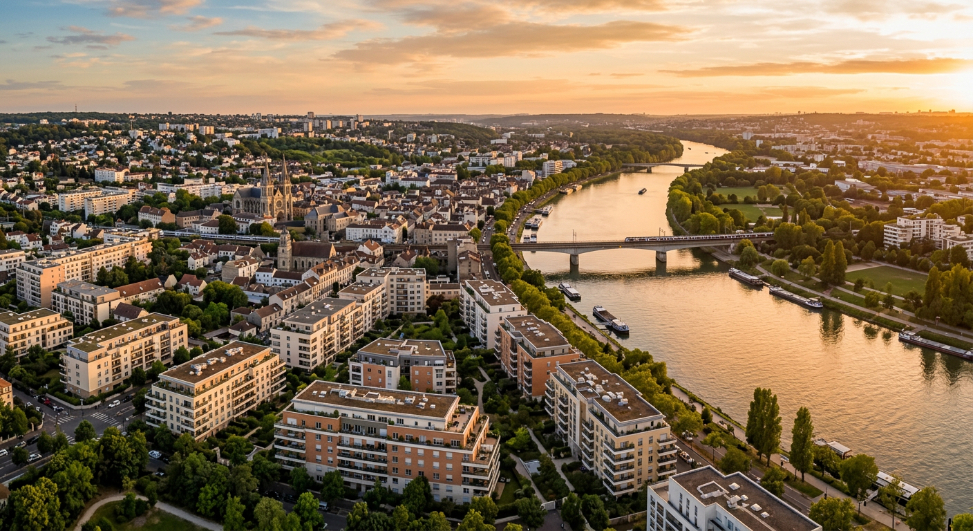 Vue aérienne d'Argenteuil et de ses immeubles résidentiels neufs en bord de Seine
