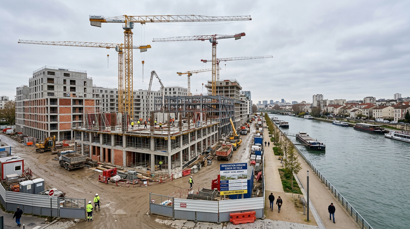 Chantier de rénovation urbaine en banlieue parisienne avec grues et immeubles neufs