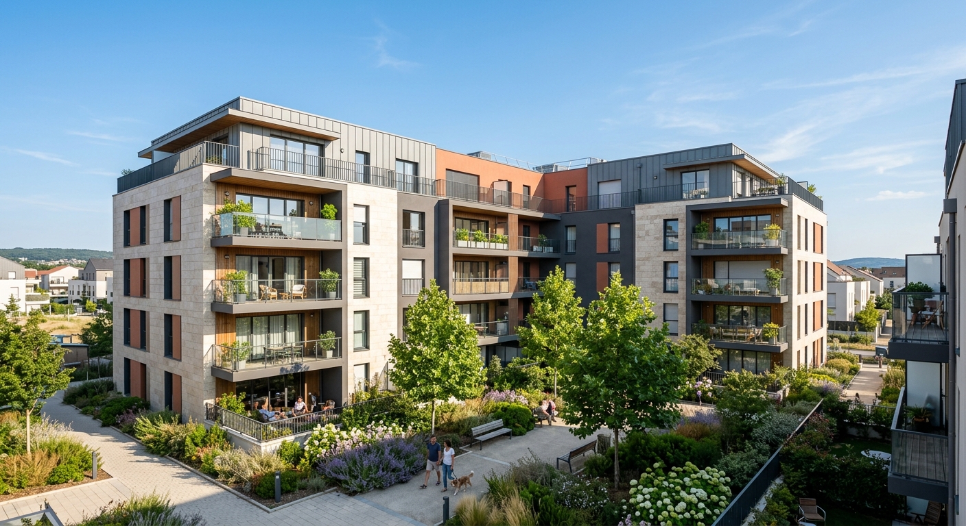 Immeuble résidentiel neuf à Cergy avec balcons et cour paysagée