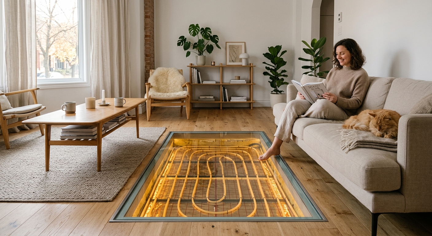 Intérieur d'appartement neuf RE2020 avec plancher chauffant et pompe à chaleur
