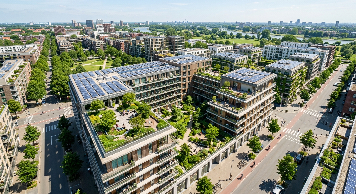 Résidence neuve RE2020 avec toiture végétalisée et panneaux solaires