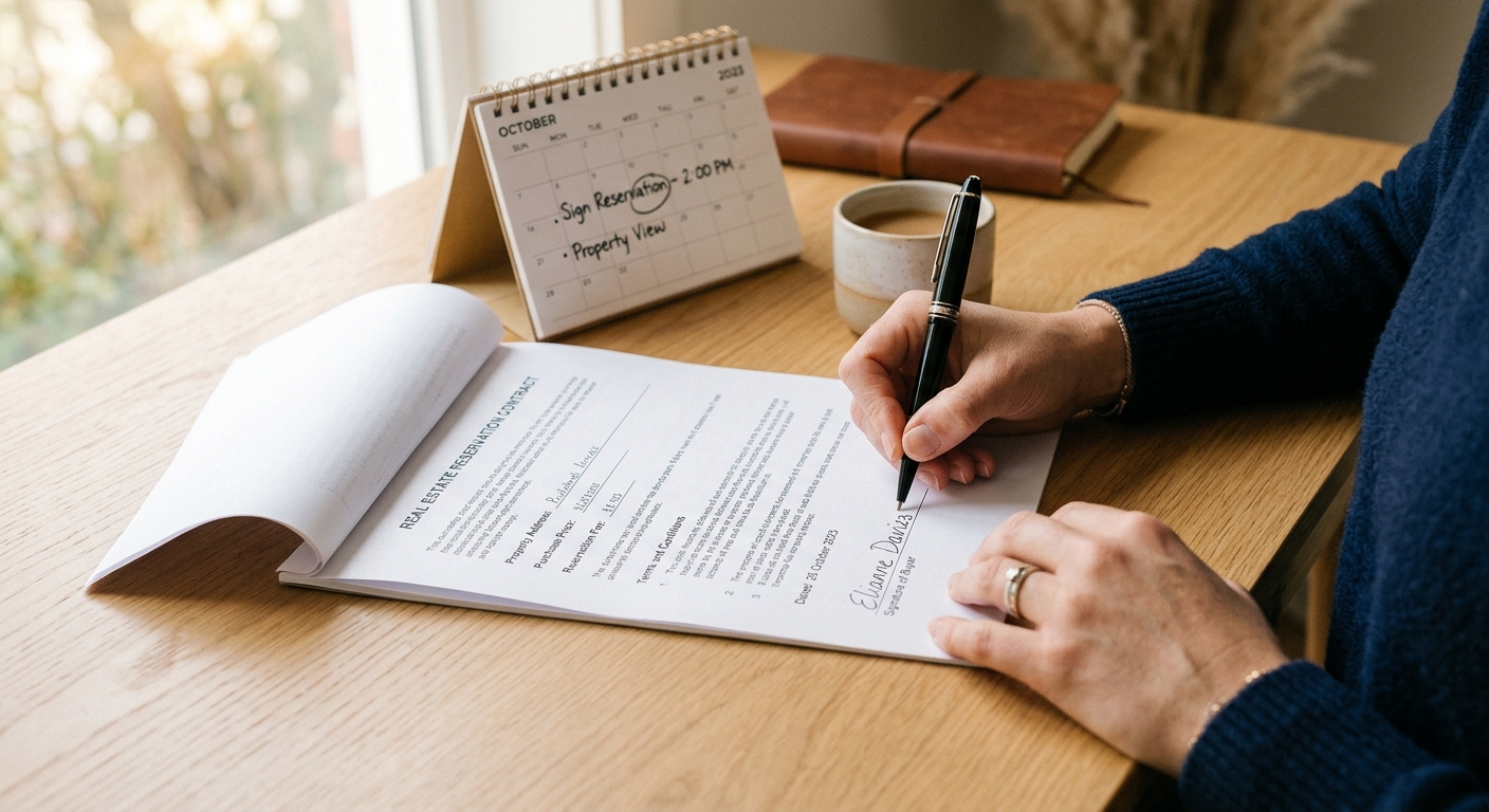 Signature d'un contrat de réservation immobilier neuf avec calendrier en arrière-plan