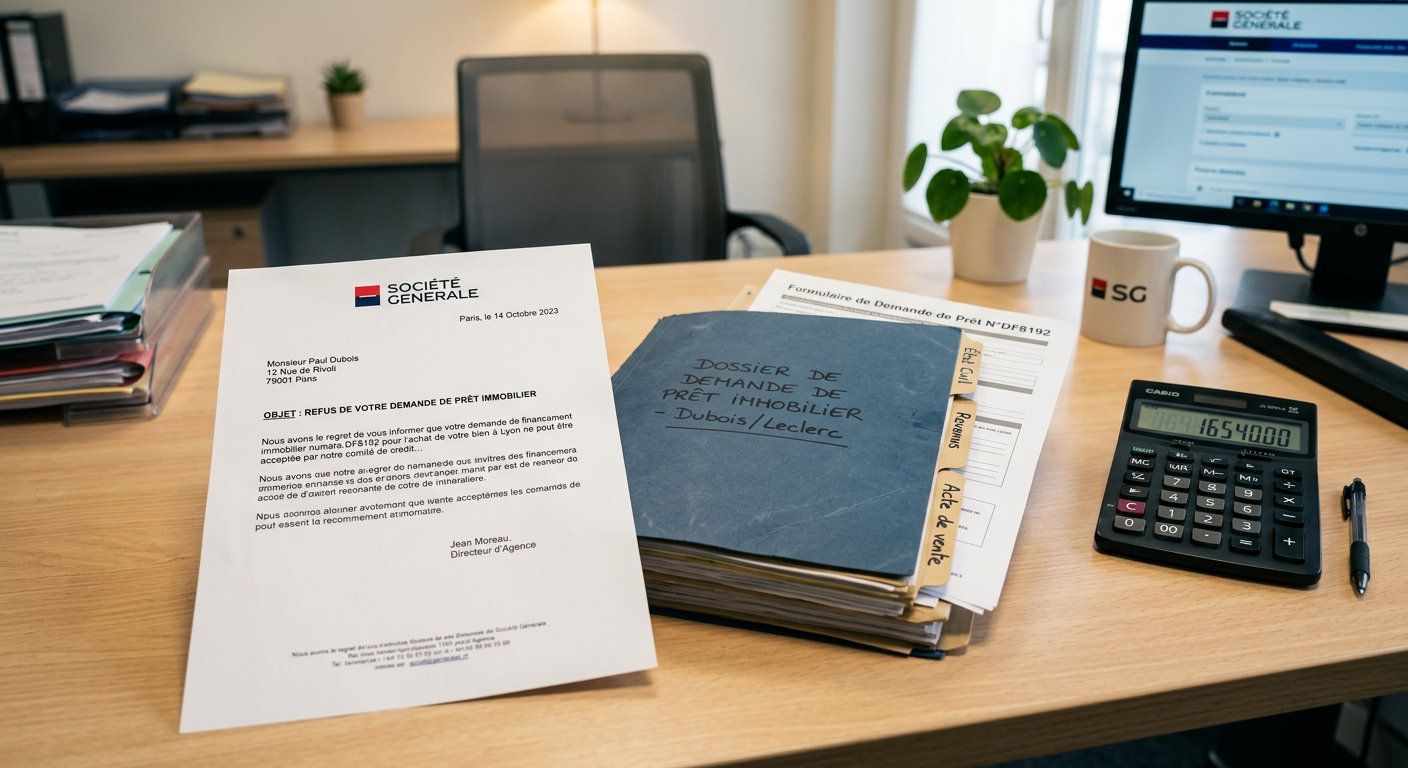 Lettre de refus de prêt immobilier posée sur un dossier de demande de crédit