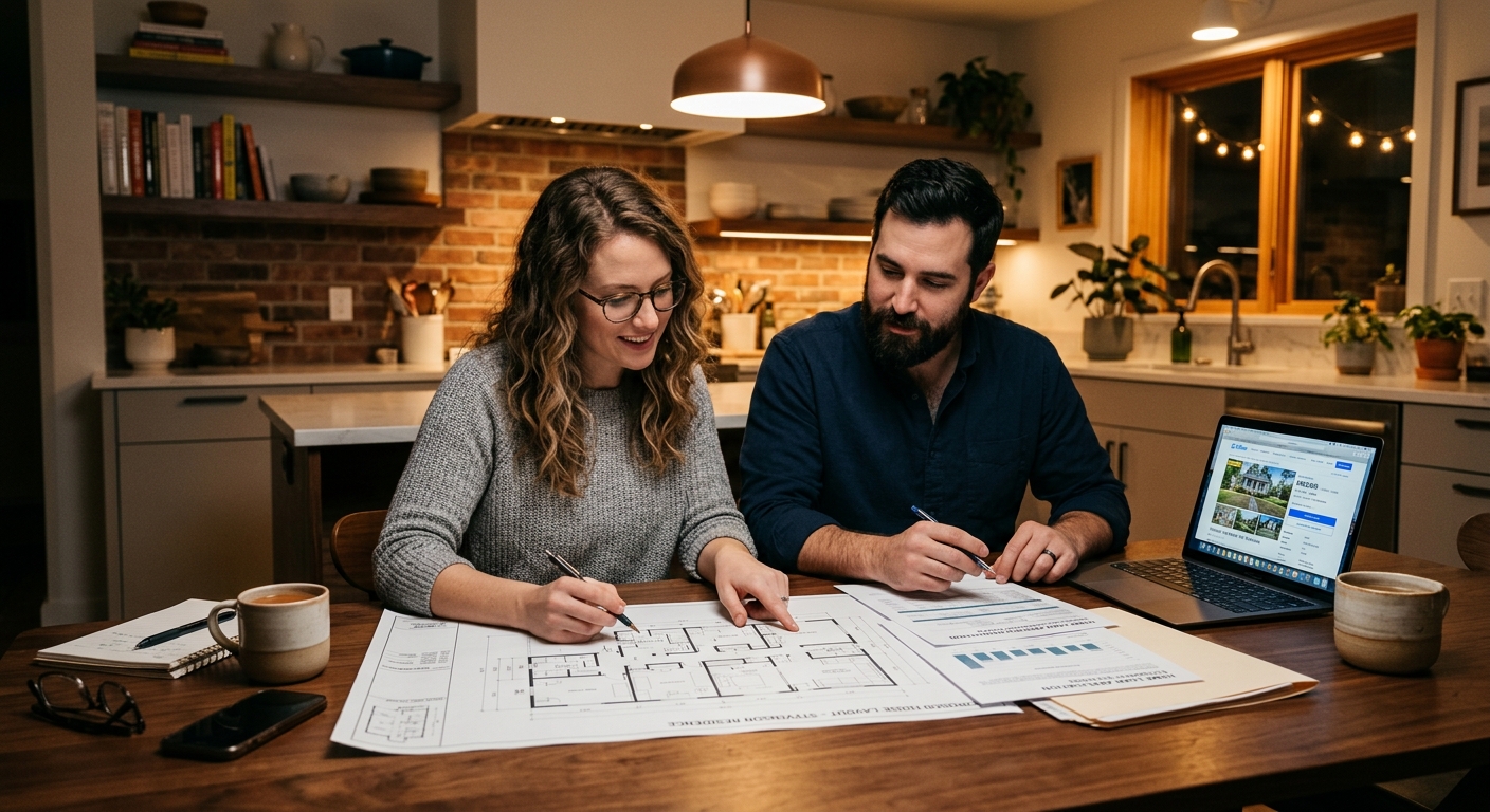 Couple étudiant des plans d'appartement neuf et des documents financiers à leur domicile