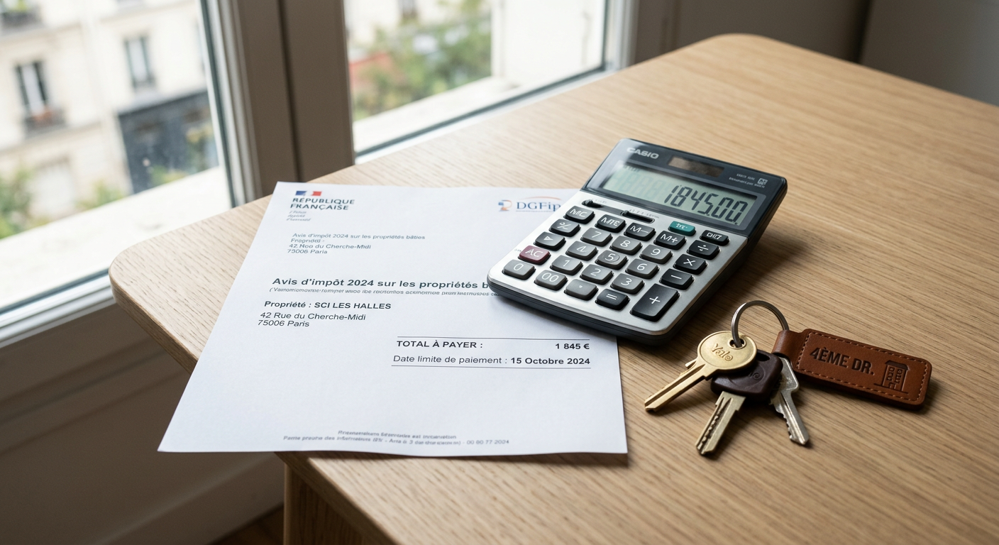 Avis de taxe foncière et calculatrice sur un bureau moderne