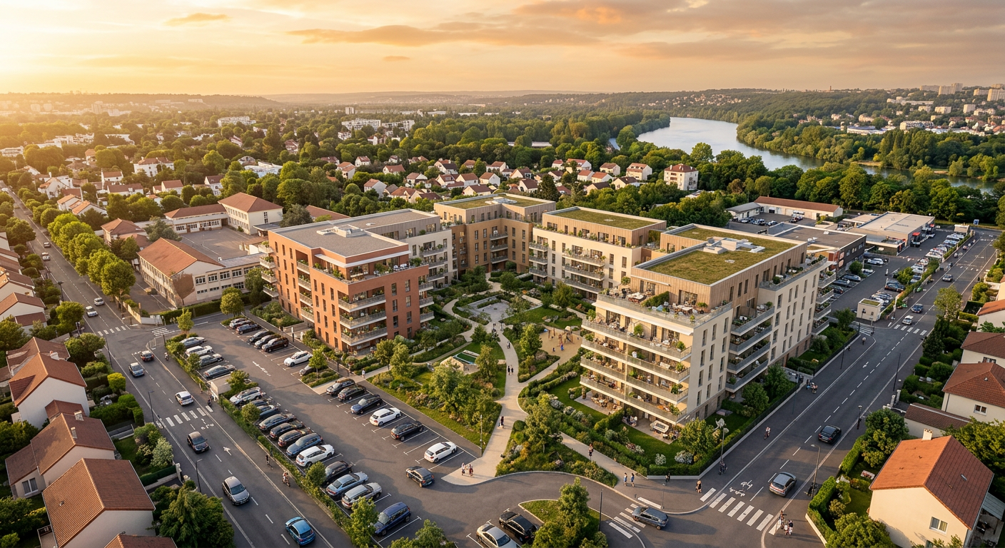 Résidence neuve contemporaine en banlieue parisienne vue aérienne