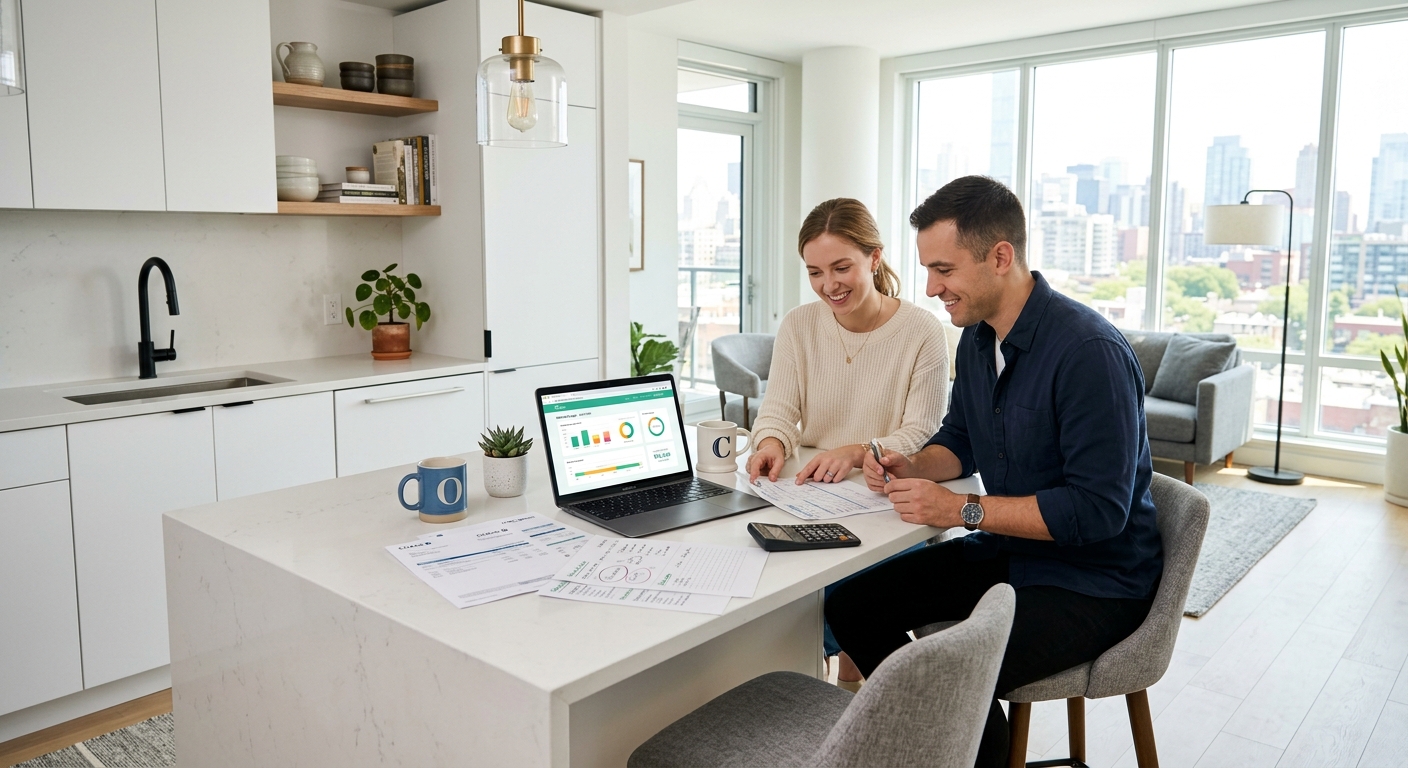 Couple consultant des documents financiers dans un appartement neuf lumineux