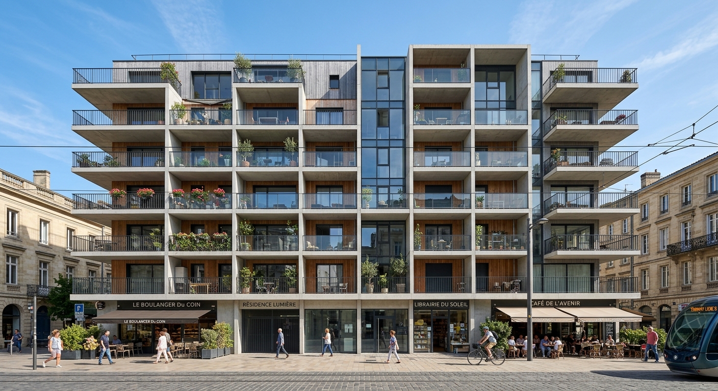 Façade d'immeuble neuf avec panneau à louer dans une ville française
