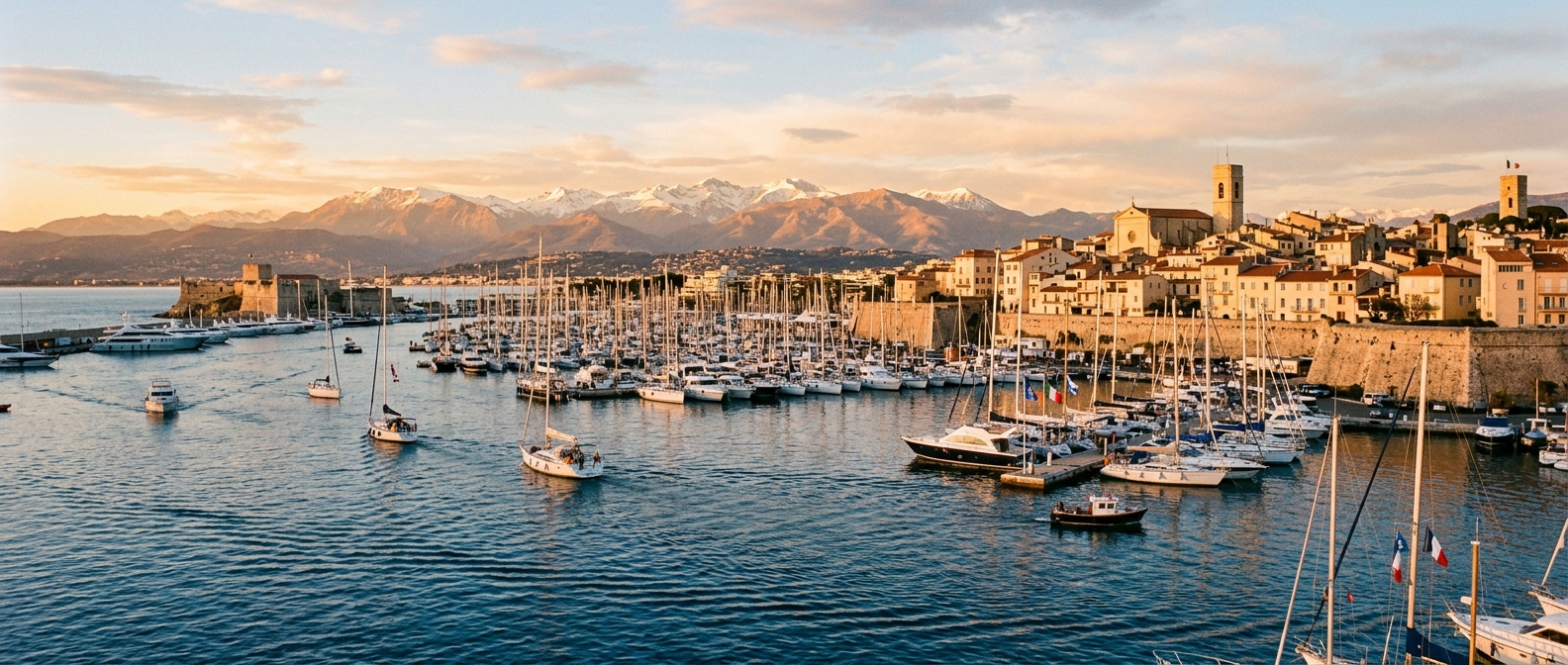 Port Vauban et vieille ville d'Antibes vus depuis la mer au coucher du soleil