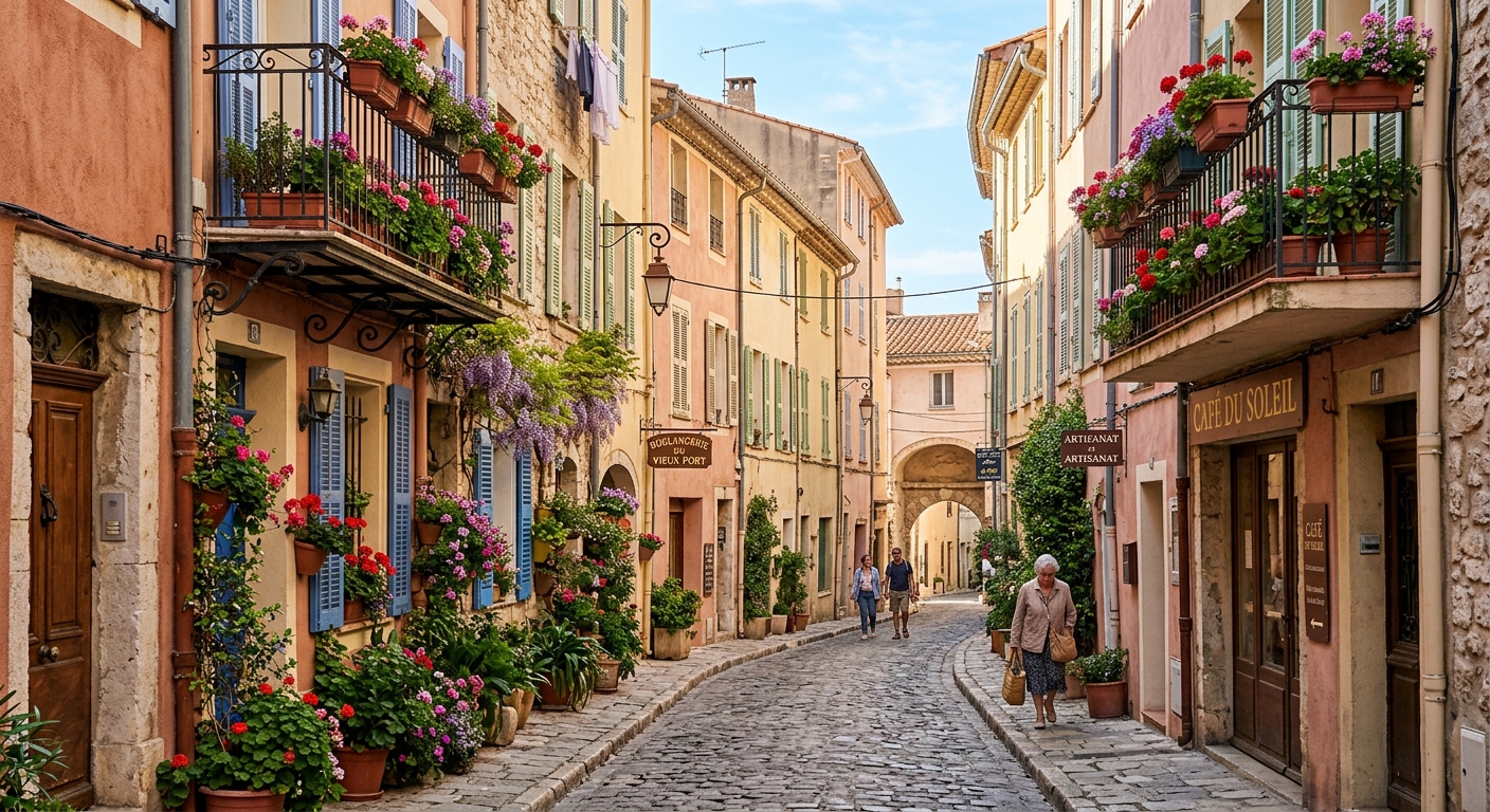 Ruelle pittoresque du Vieil Antibes avec façades colorées et balcons fleuris