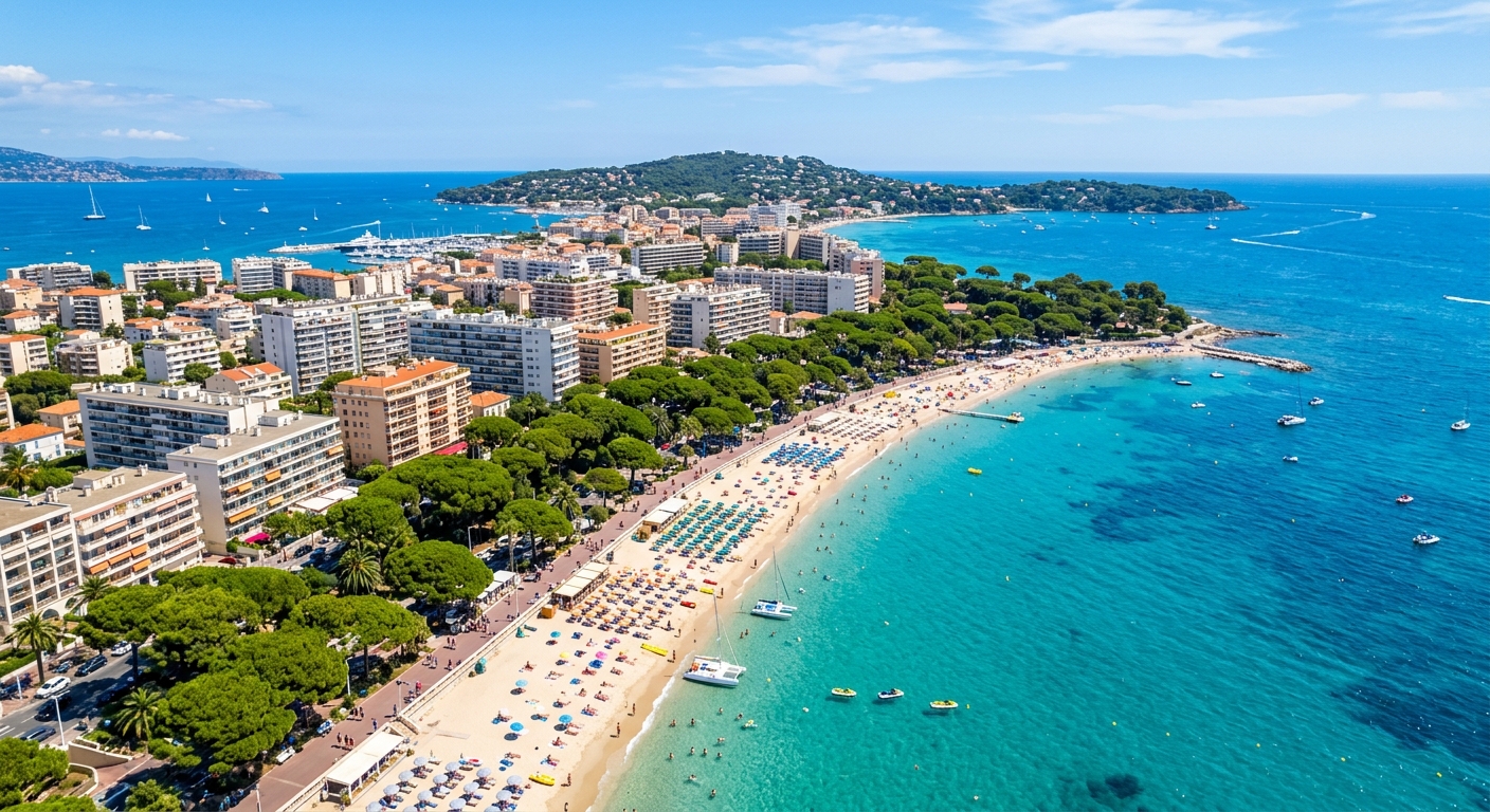 Plage de Juan-les-Pins avec eau turquoise et résidences modernes en arrière-plan