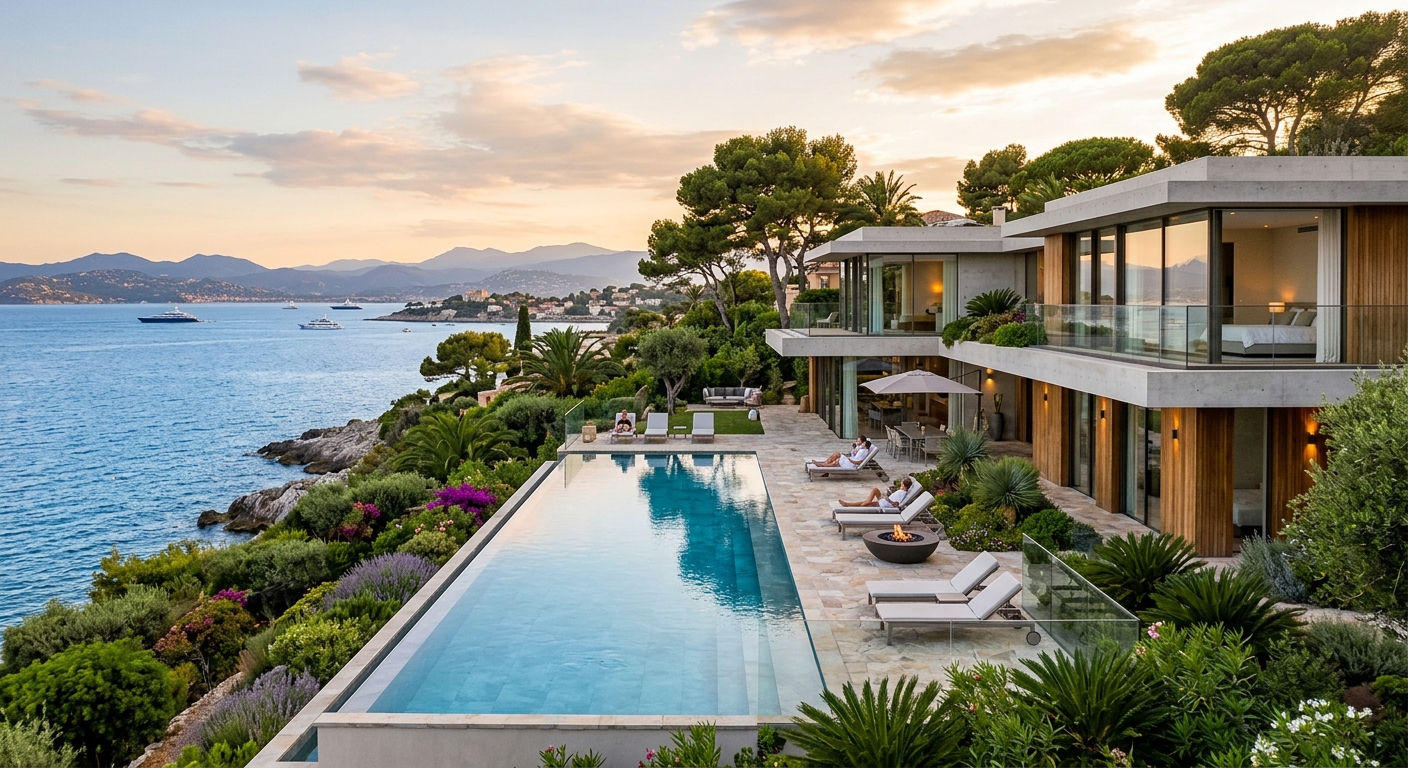 Villa contemporaine avec piscine à débordement sur le Cap d'Antibes face à la Méditerranée