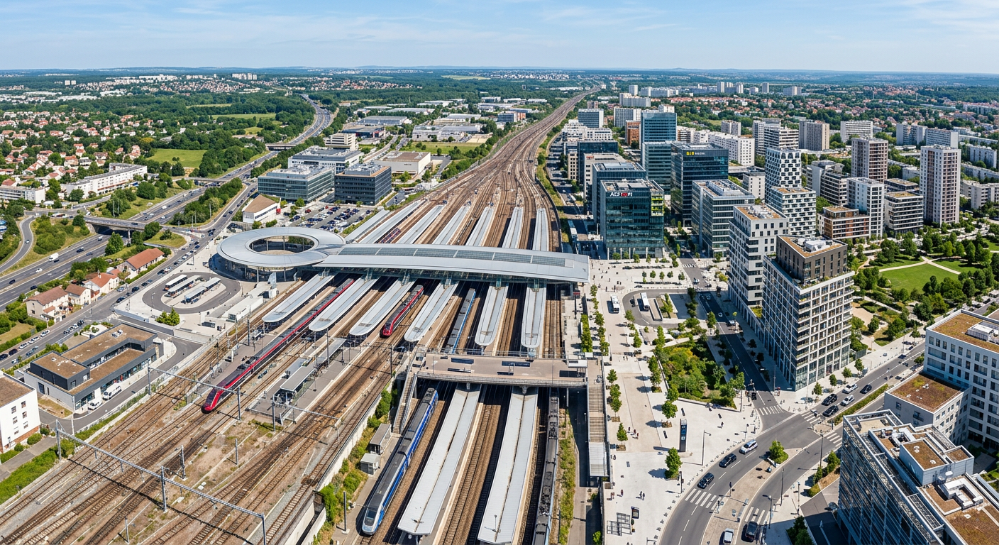 Gare de Massy TGV avec immeubles de bureaux modernes en arrière-plan